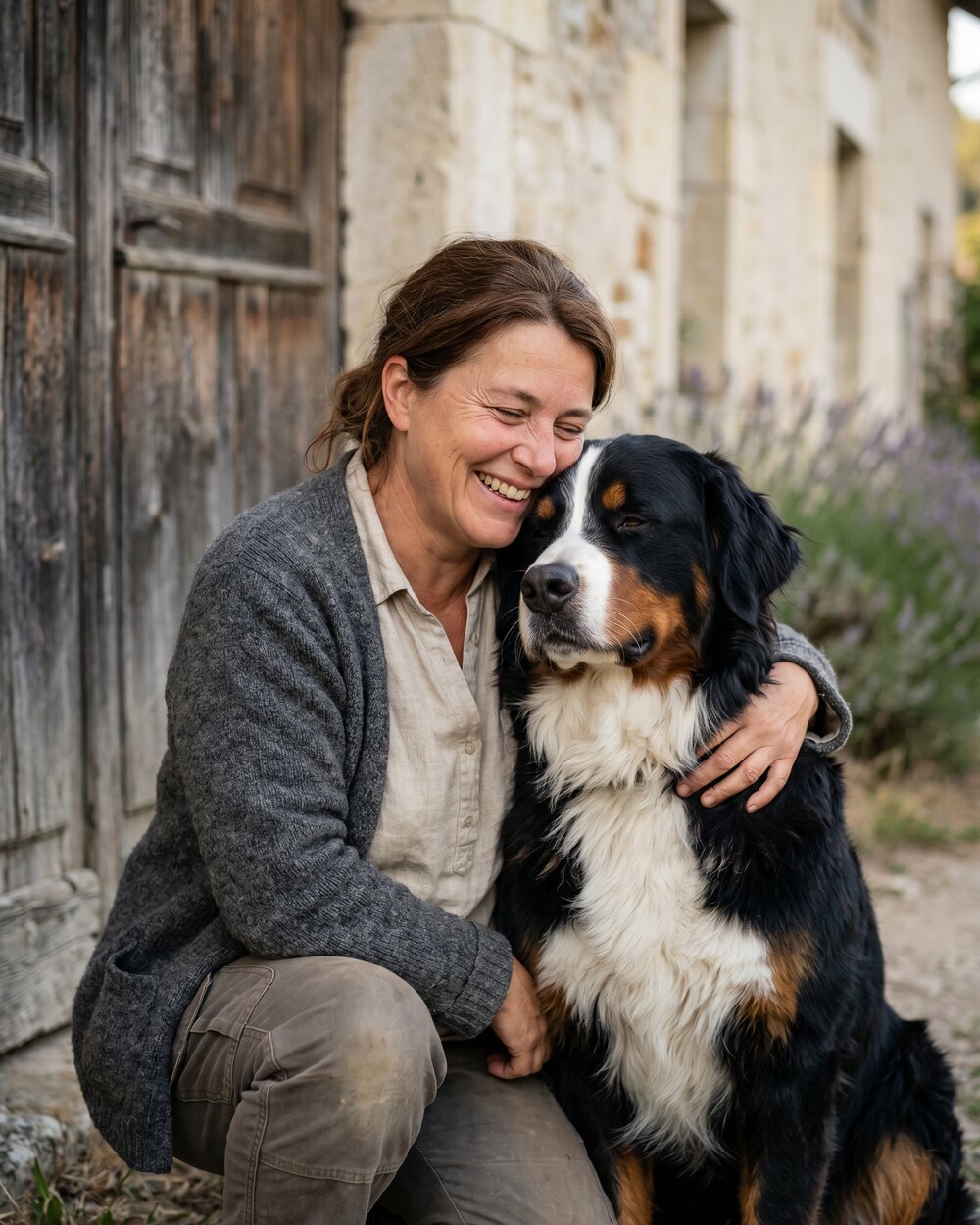 Claire Vuillemin, éleveuse, accroupie contre Tonnerre devant la porte de la ferme, sourire naturel