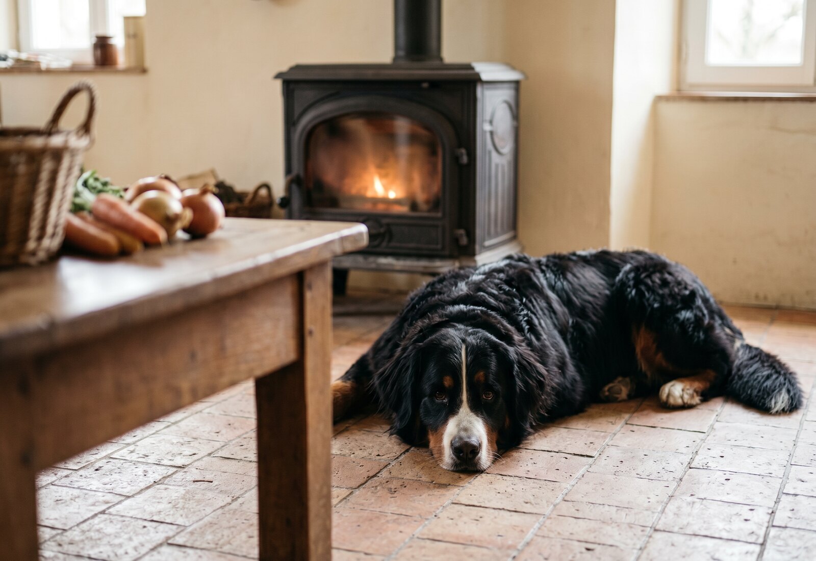 Bouvier bernois couché sur le carrelage de la cuisine de la ferme, près du poêle, pendant la préparation du repas