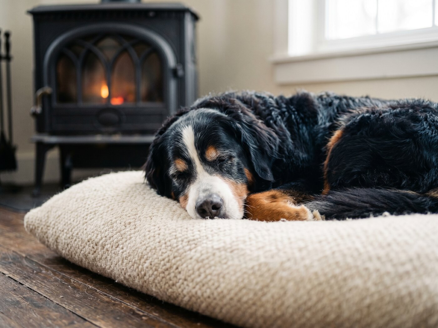 Nougatine endormie sur un grand coussin de laine près du poêle, lumière d'hiver par la fenêtre