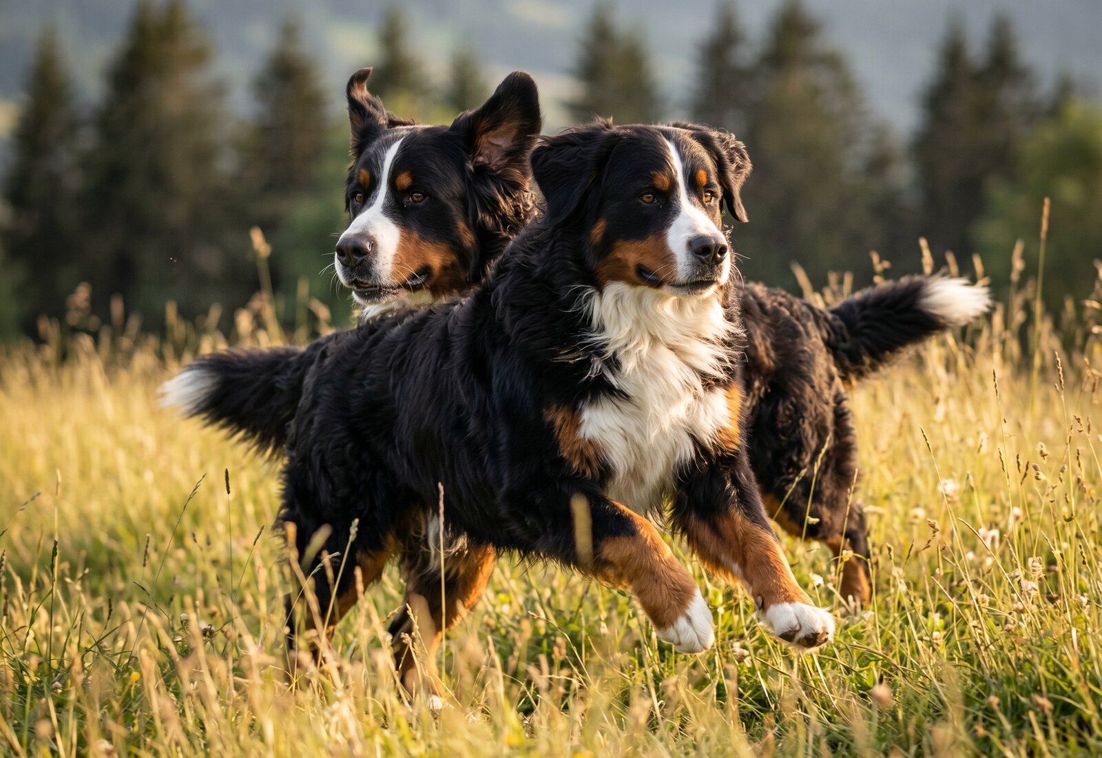 Tonnerre en pleine course dans l'herbe haute du pré, oreilles au vent, lumière dorée
